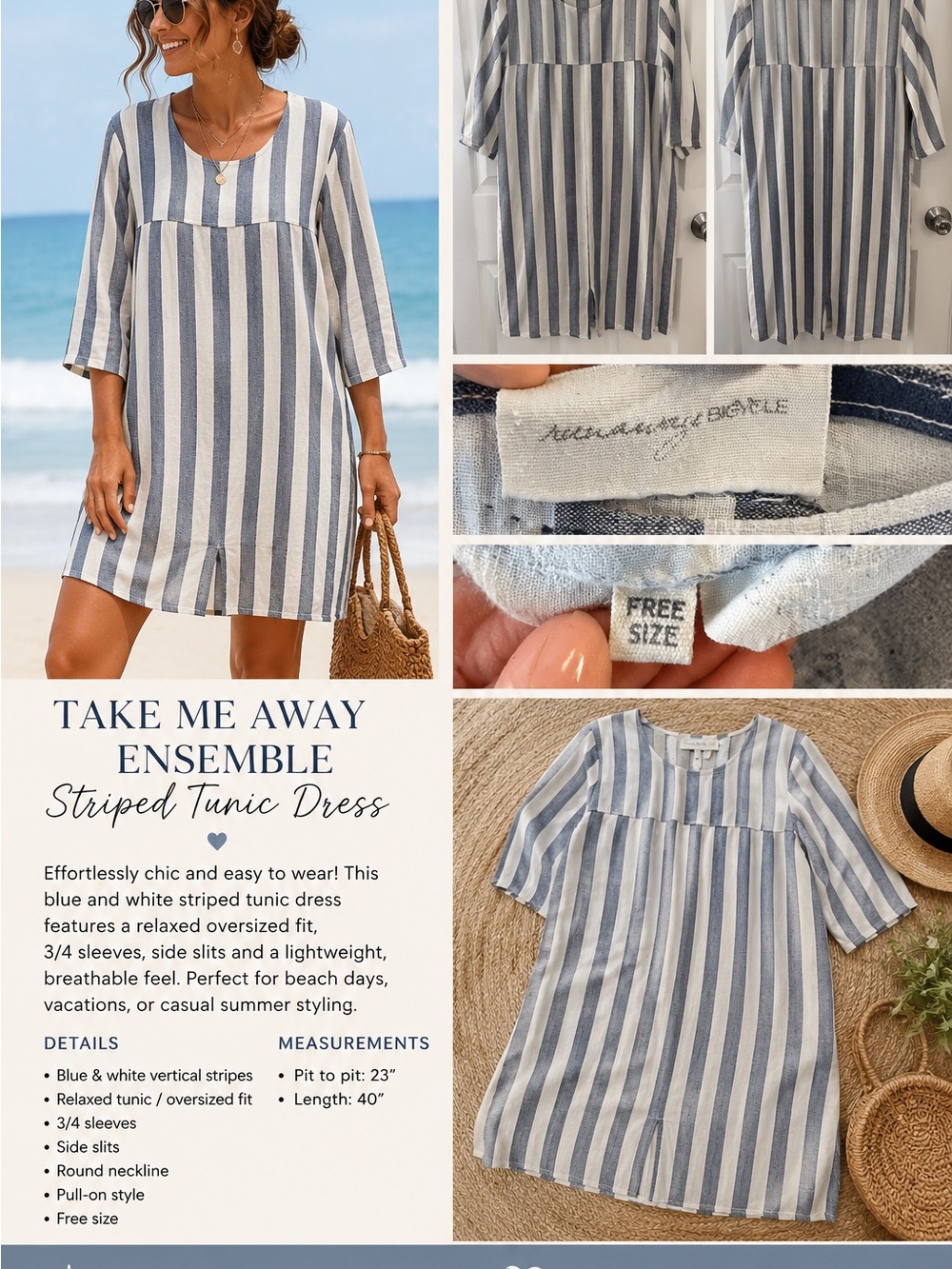 Blue & White Vertical Stripe Midi Dress — Relaxed Tunic Style